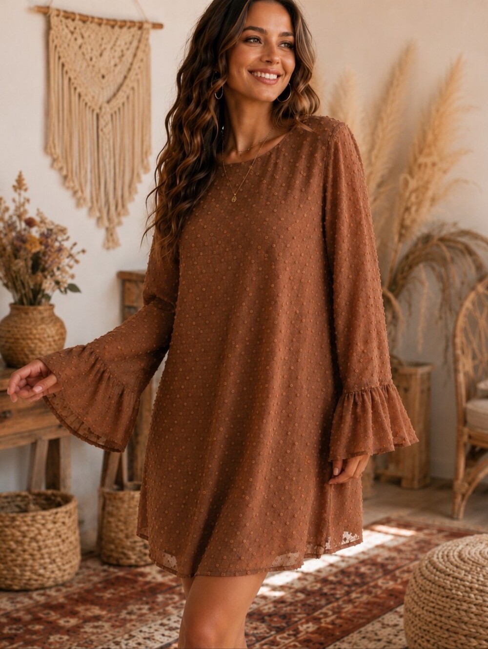 Mitto Shop Brown Swiss Dot Bell Sleeve Shift Dress Boho Mini Size Large Oversize